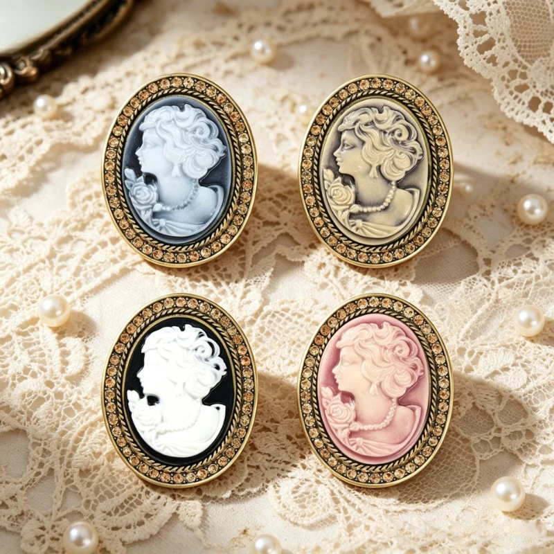 Vintage Cameo Brooch for Women European Relief Rhinestone Pin Fashion Casual Gift Badge DIY Clothing  Bags Hat T-shirt Accessory