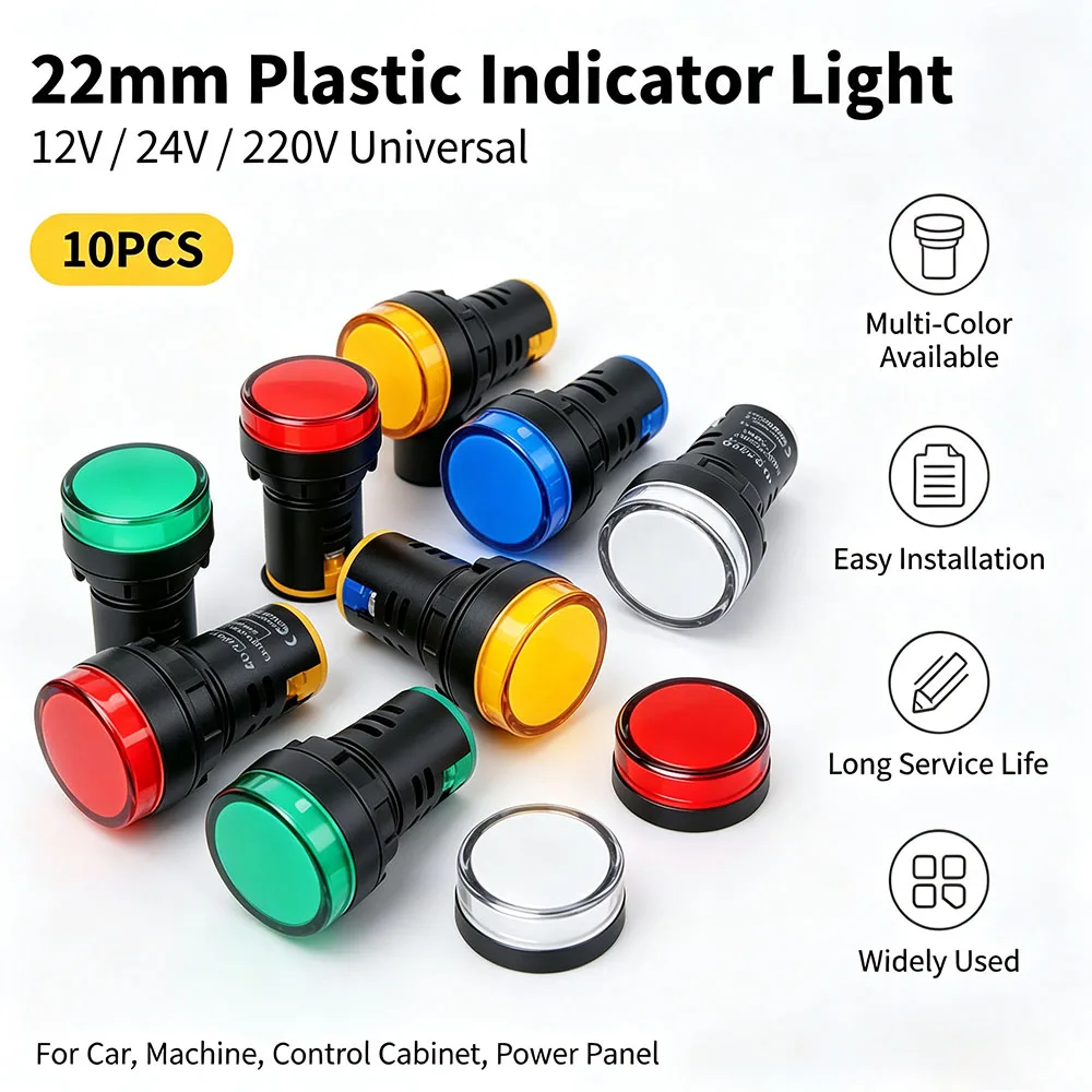 

10PCS 22mm Plastic Indicators Light LED Lamp AC 12V 24V 220V Warning Led work light Pilot Signal Light Led Panel Mount Light