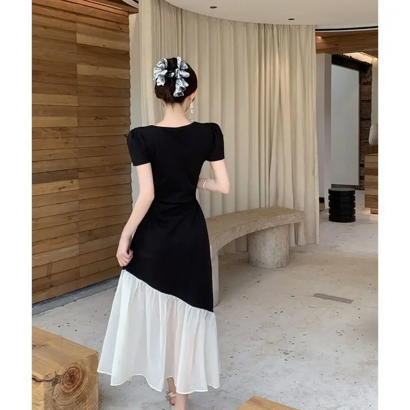plus Size French Style Short Sleeve Dress Women's Summer Waist Cinching Slimming Patchwork Long Dress Slightly Plump MM Hepbu...