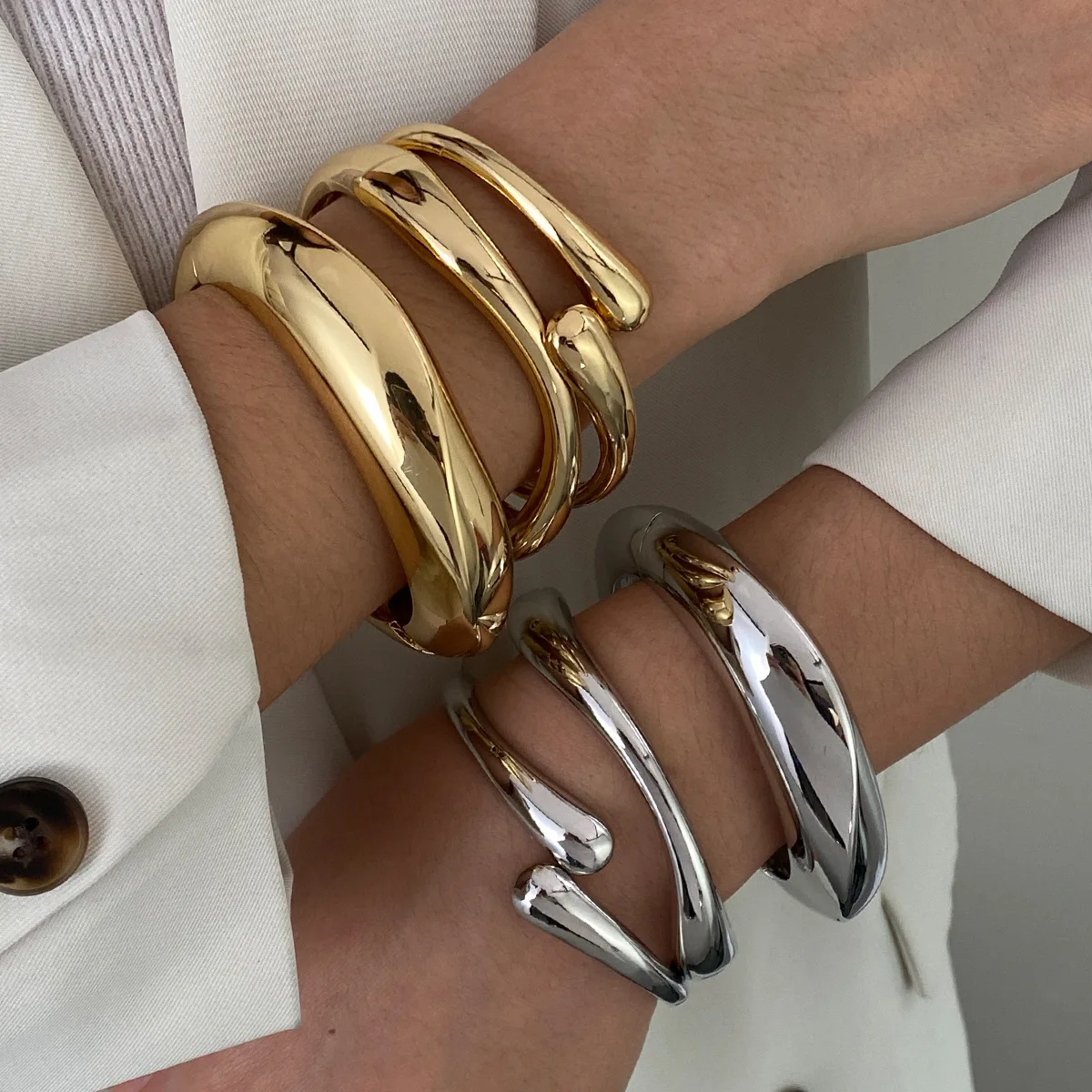 Brazaletes de Metal Vintage Hip Hop de 3 estilos, brazaletes Punk de Color dorado y plateado, brazaletes geométricos de primavera para mujer, pulsera, joyería para hombre