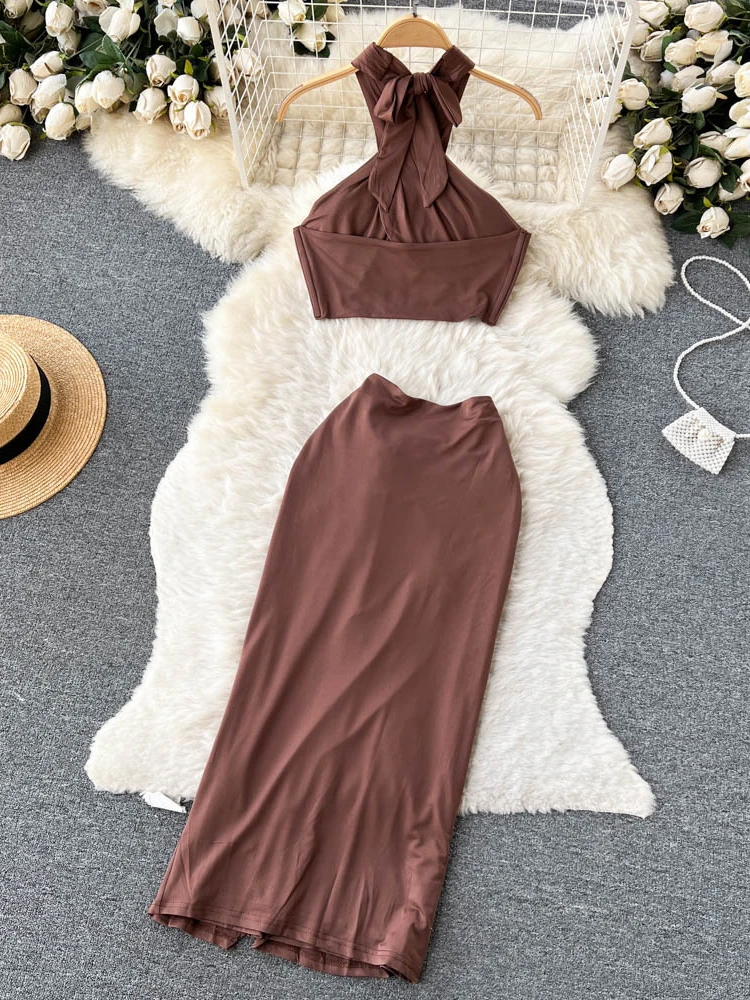 Summer Sexy Beach Two Piece Set Women Cross Necked Crop Top Split Mid Length Wrap Skirt Boho Brown Suits