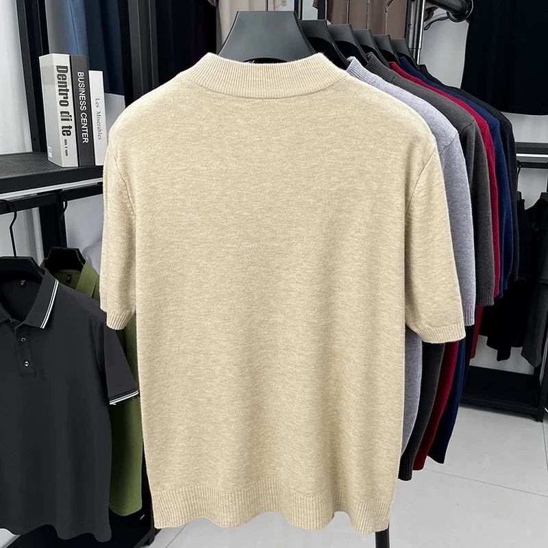 Herren Einfarbige Mock-Neck Kurzarm-Strick-T-Shirts Lässige Basis-Oberteile Weich Dehnbar Knitterfrei Für Alle Jahreszeiten Geeignet – Detail 18
