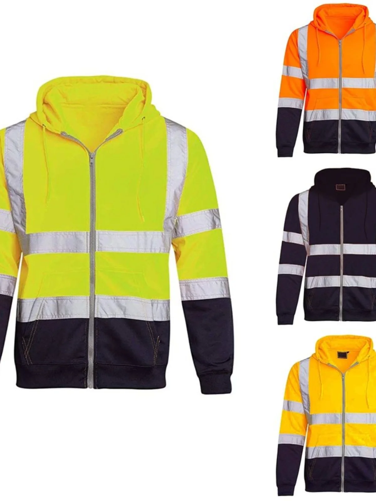 

Men's Hooded Reflective Strip Jaet Color Blo Night Vision Outerwear Casual Loose Fit Long Sve Zipper Closure Coat