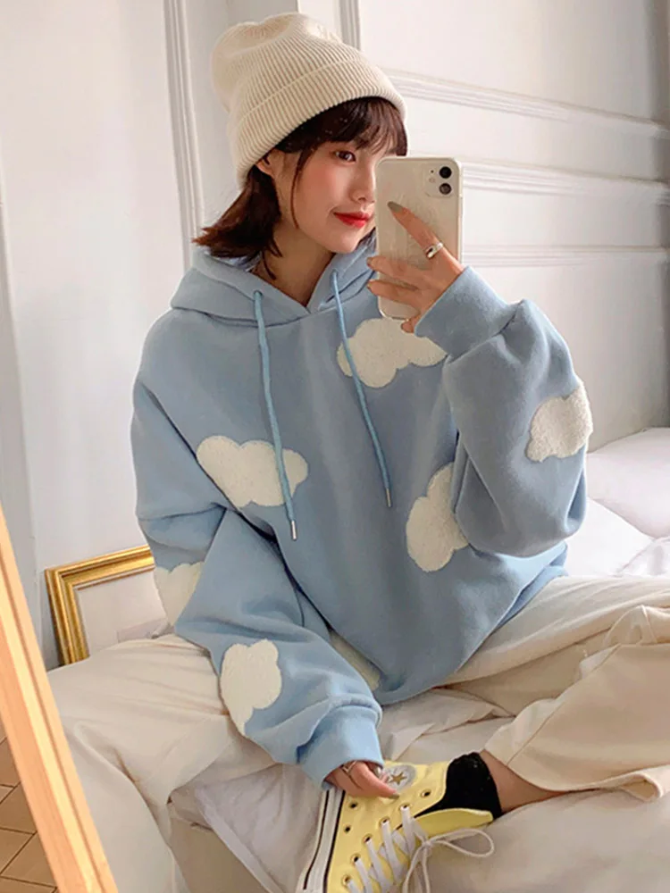 Korean Sweatshirt Women Winter 2024 Fashion Clouds Women's sweaters Plus velvet Warm sleeves Tops Temporary hoodies Kawaii Femal