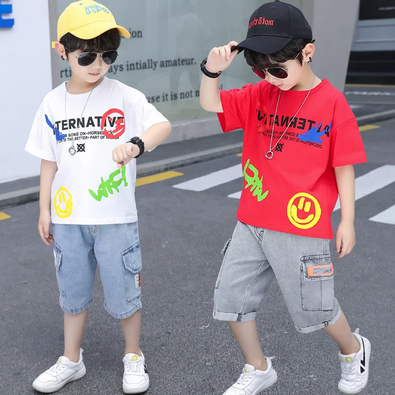 

Clothes Boys Clothing Sets Children's Casual O-Neck Letters Print Short Sleeve T-Shirt & Jeans 2 Pieces Suit Oufit High Quality