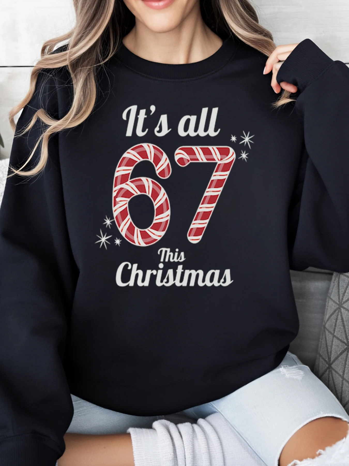 

Candy Cane 67, толстовка с рождественским принтом, женская праздничная повседневная одежда, черная, больших размеров