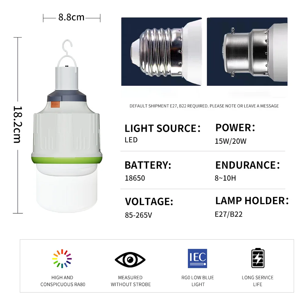 

LED Rechargeable Emergency Bulb Light 20W1200MAH*3 Portable Retractable Power Failure Lights Removable AC85- 265V 18650 Battery