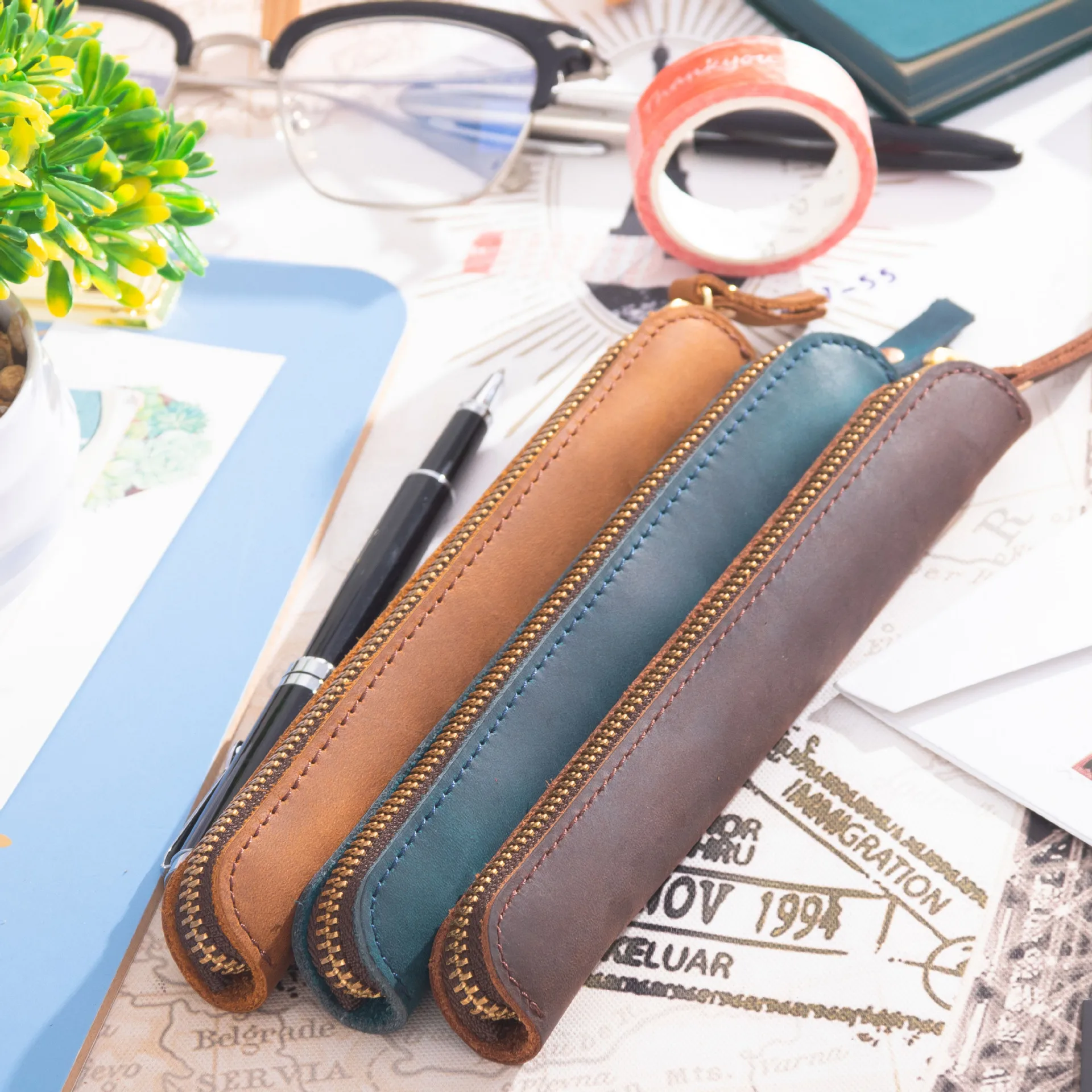 Retro Mini Pencil Case Cowhide Zipper Pouch Fountain Pen Protective Case High Quality Portable Small Pencil Case