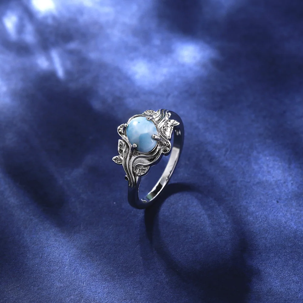 

JieLing Stylish Rhodium-Coated Larimar Ring - Blue Opal Stone Copper Ring, Chic & Unique Gift