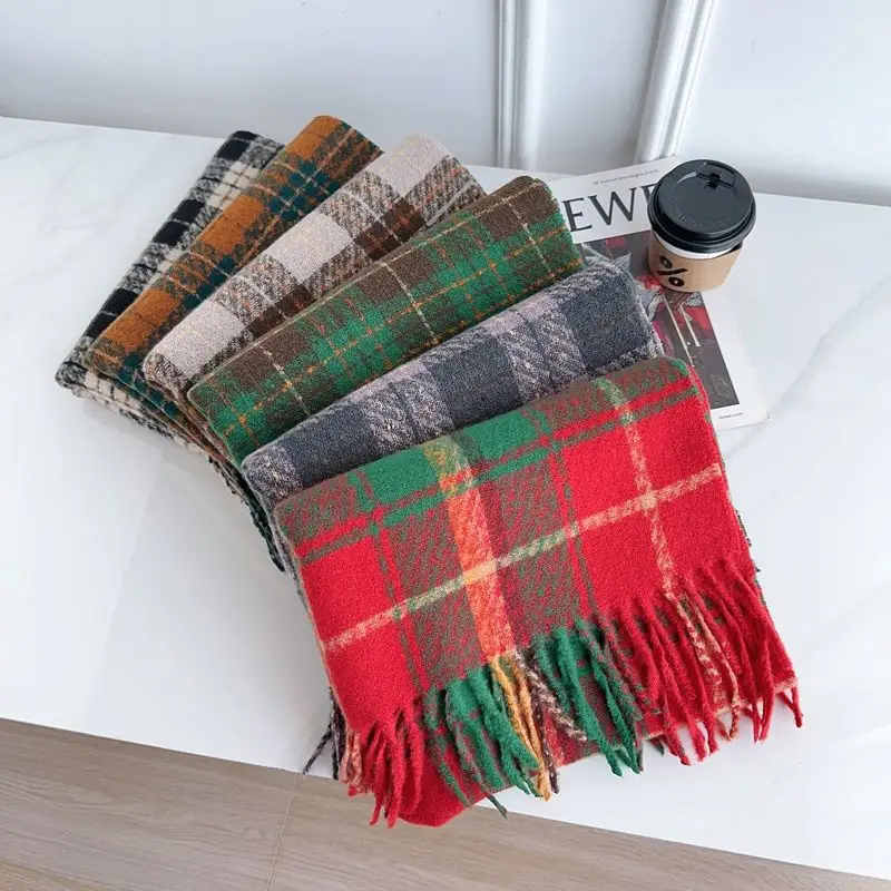 Christmas Vintage Plaid Tassel Scarf For Women Men Warm Check Shawl Winter Holiday Large Neck Wrap Xmas Party Accessory Gife