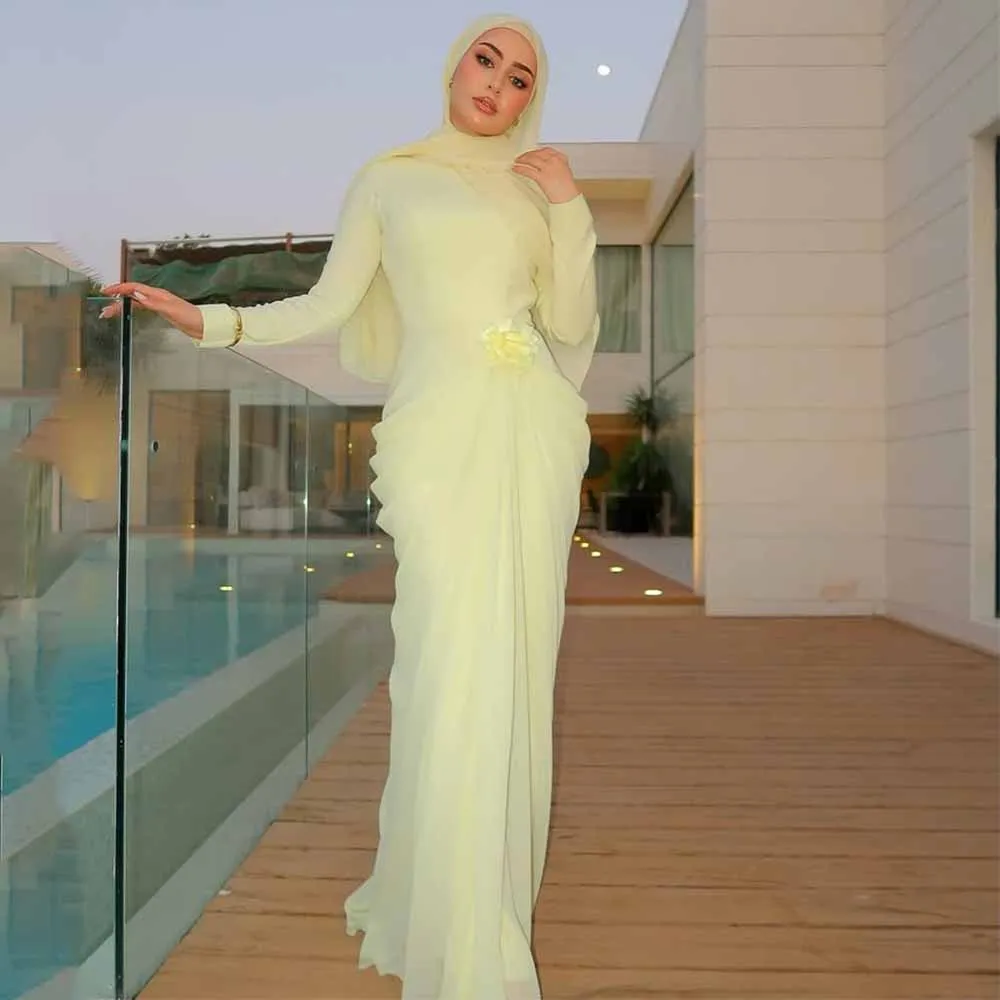 Modest Evening Dress High Collar Long Sleeves Light Yellow Wedding Party Gowns for Women 3D Flower Pleated Mermaid Evening Gown