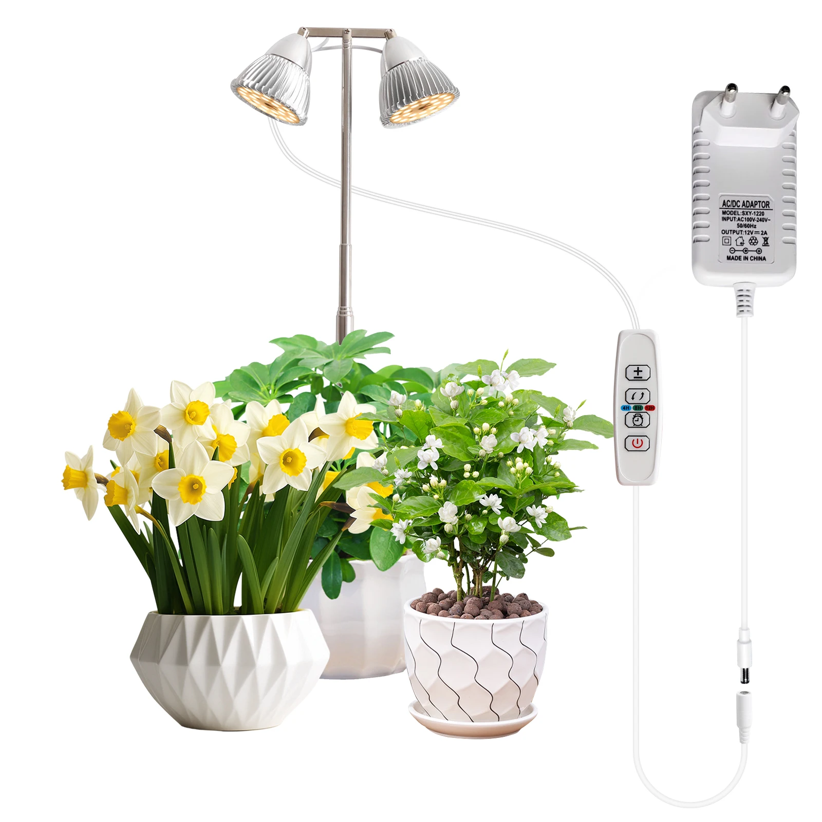 2025 New 2-head Dimming Pot Led Grow Light 3 Swith Modes Phytolamp 4H 8H 12H Timing Plant Lamp with a Straight Pole