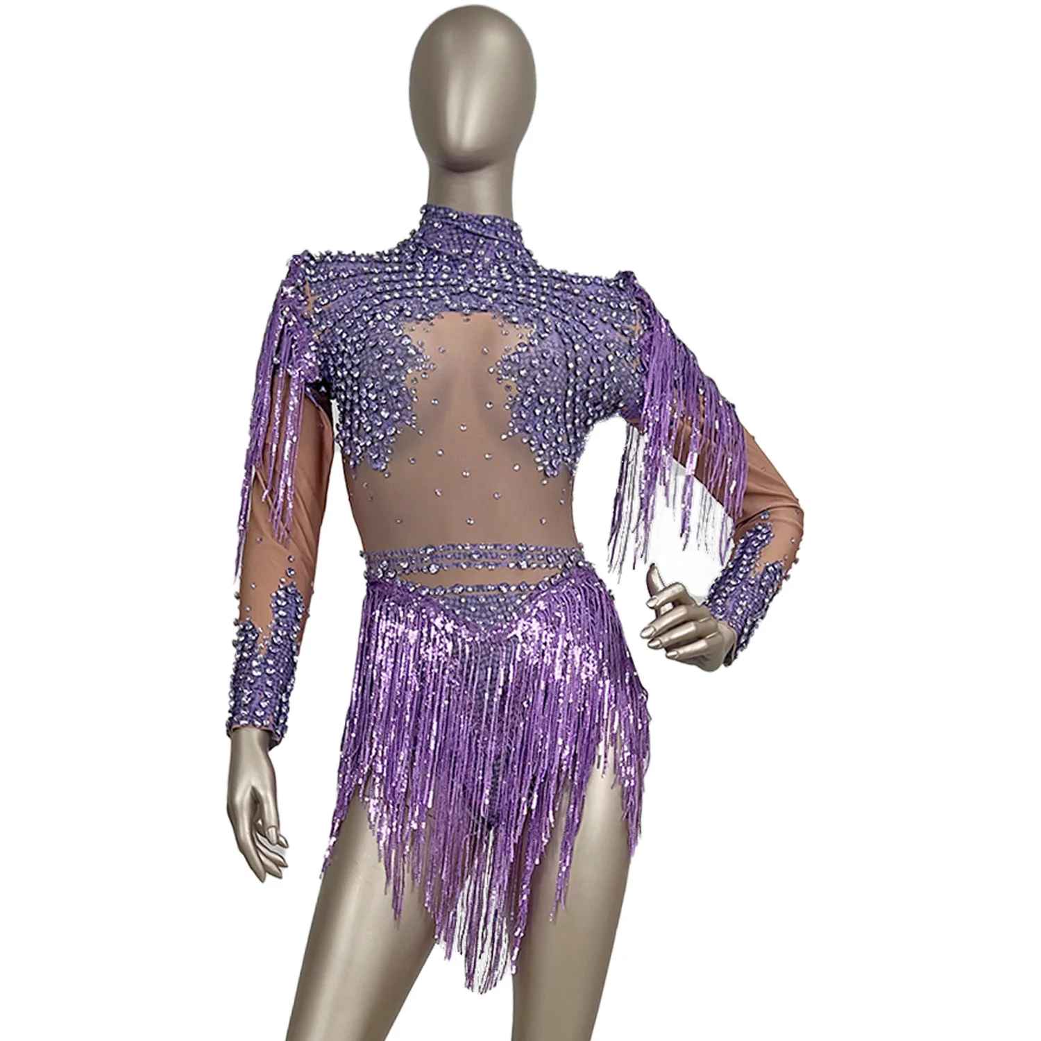 Nightclub Sexy Women Spandex Tight Fitting Bodysuit Sparkly Rhinestone Sequins Tassel Bodysuit Party Dance Show Outfit Xinniang