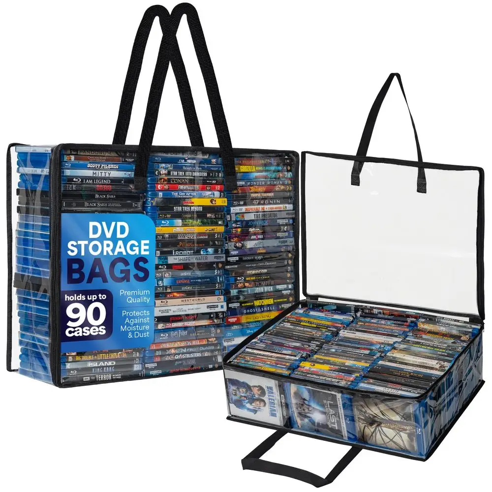 Organizador de Blu-Ray, juego de 2 bolsas de plástico transparente con asas para almacenar Blu-Rays, DVD, CD