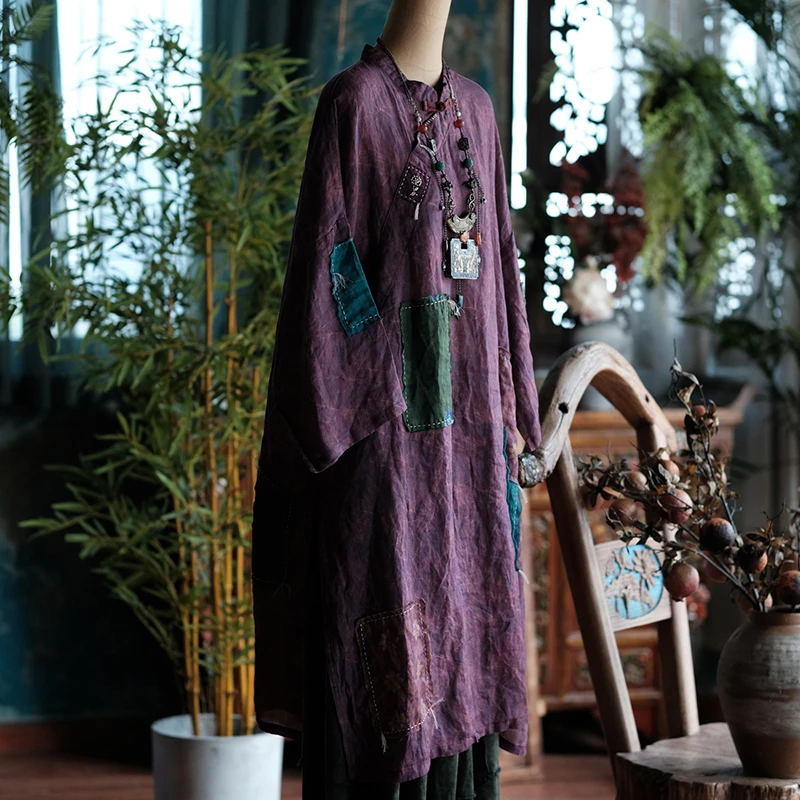 

100% Ramie Women Casual Long Dress New 2026 Chinese Style Mandarin Collar Patch Designs Loose Female Oversized Dressses M2393