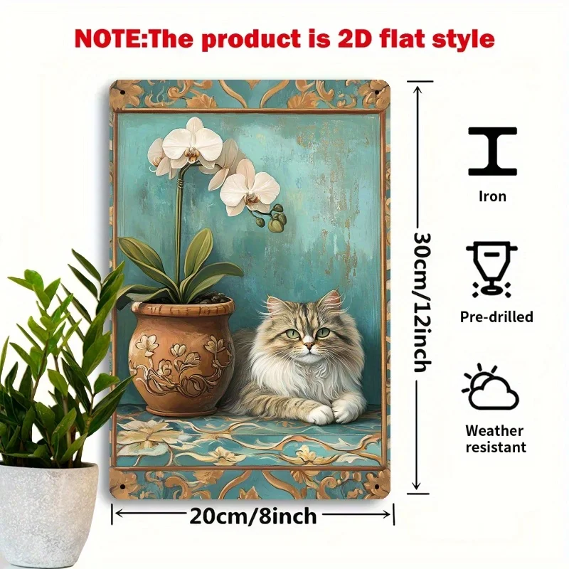 2D Flat, 2D Flat Retro Metal Sign 2D Flat, 1pc Vintage Orchid Cat Iron Metal Sign - 7.87x11.81inch Retro Wall Art with 3D Visual