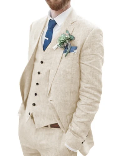 Imagen 2 del producto Traje de lino para hombre, chaqueta personalizada de 3 piezas, chaleco y pantalón, conjunto completo de traje de lino Terno para hombre, solapa con muescas, esmoquin informal para boda de verano