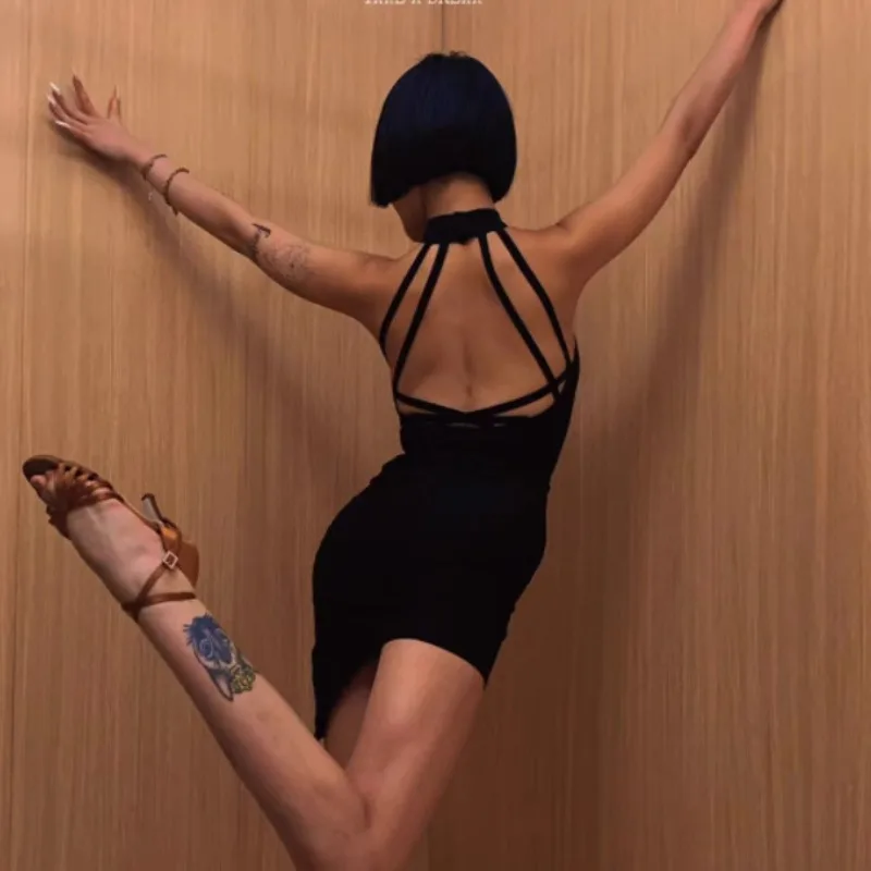 

customized Sexy Latin dance top with black jumpsuit strap and chest cushion ballroom dance competition dresses