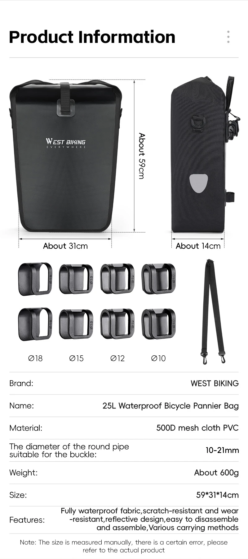 WEST BIKING Vollständig wasserdichte Fahrradtasche, 25 l, großes Fassungsvermögen, Gepäckträgertasche, lange Reisetasche, doppelseitige Tasche, Fahrradtasche, Fahrradzubehör – Detail 3