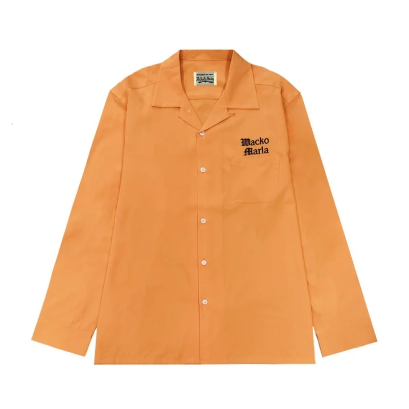

Orange Solid Colour Embroidery Logo WACKO MARIA High Quality Shirt Street Fashion Mens Womens High-end Long Sleeve Shirt