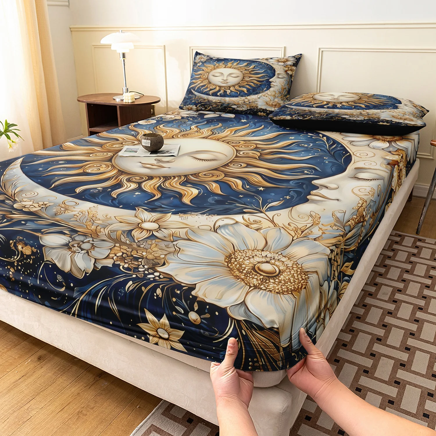 

3pcs Set Golden Sun Moon Totem Fitted Sheet, Starry Floral Pattern Bedding for Premium Bedroom Family Decor and Household