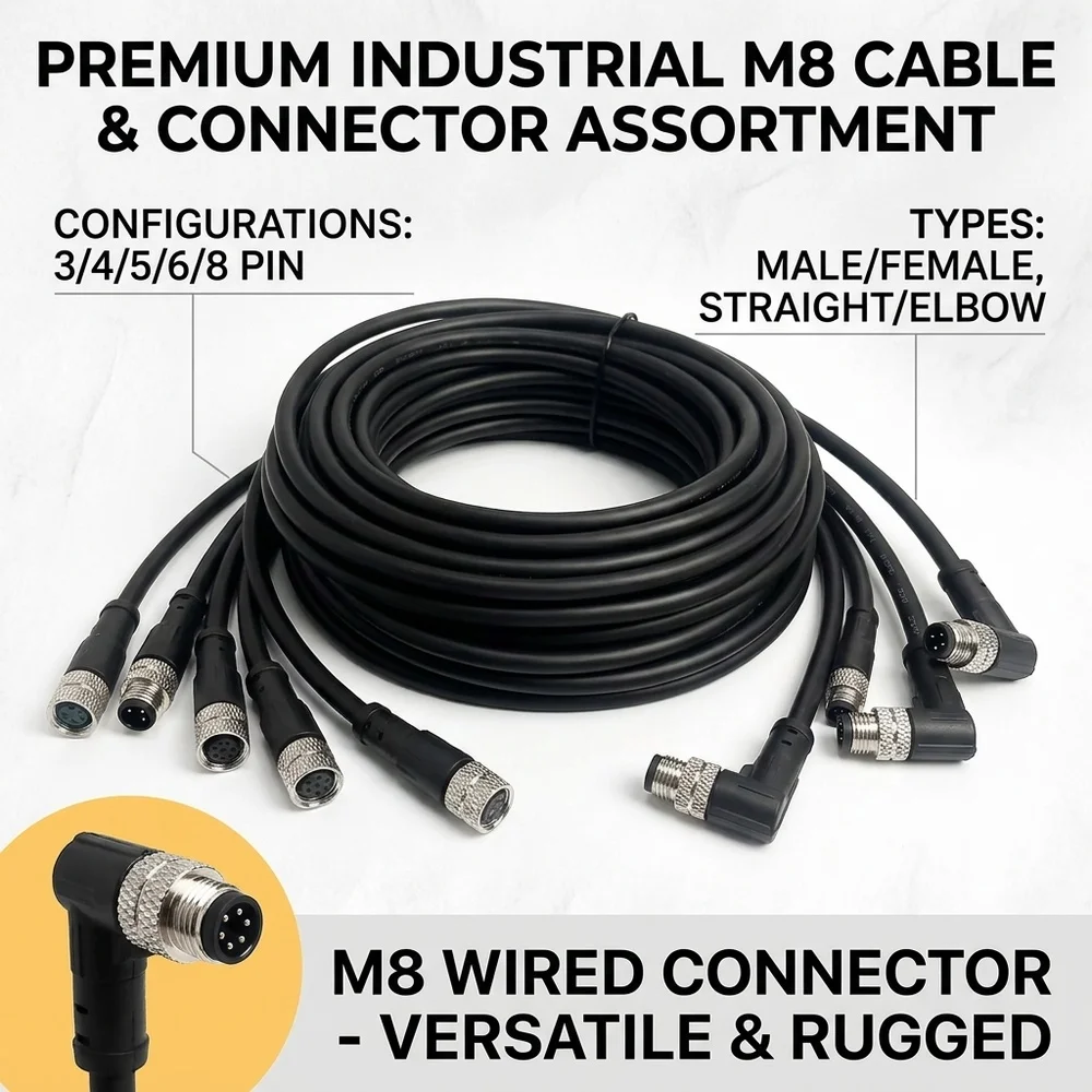 

M8 Sensor Cable 2M, 3/4/5/6/8Pin Straight/Elbow Male Female Connector, IP67 Waterproof for Factory Equipment