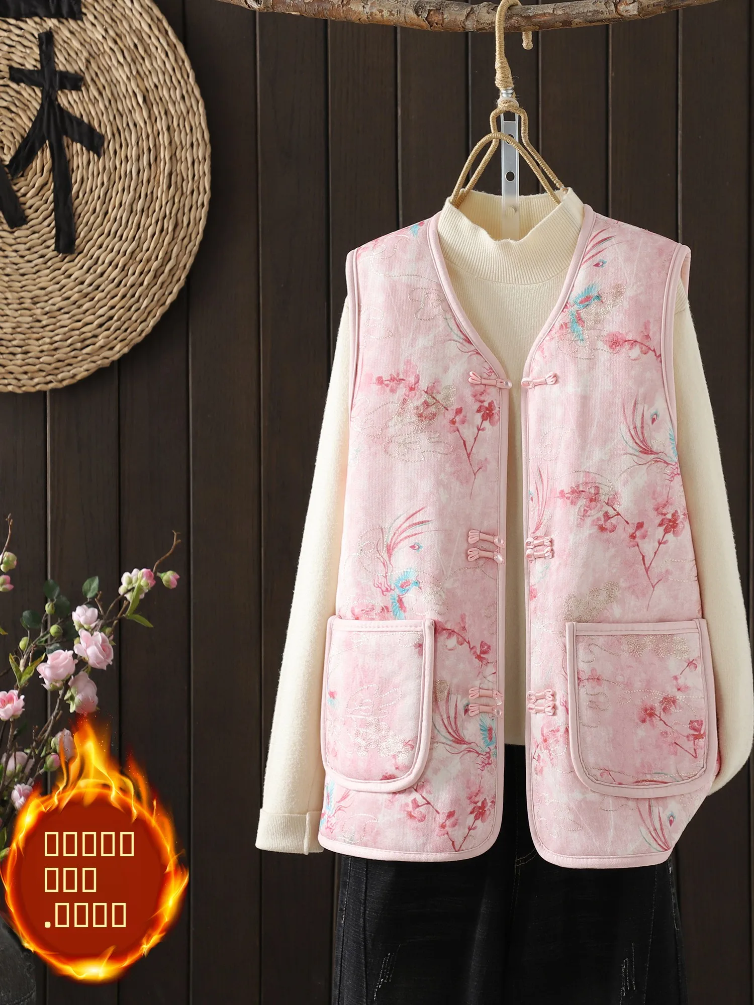 

Autumn Winter Casual New Chinese Sle Sweet Floral Print Versatile Jaet Thiened Cotton round Ne Single Button Closure