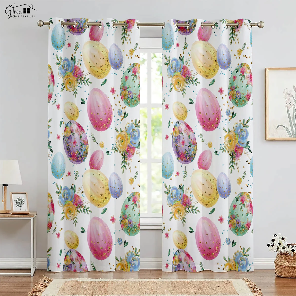 Easter 3D Printed Decorative Curtains Cartoon Rabbit Eggs Flowers Living Room Bedroom Study Children's Festival Cartoon Curtains