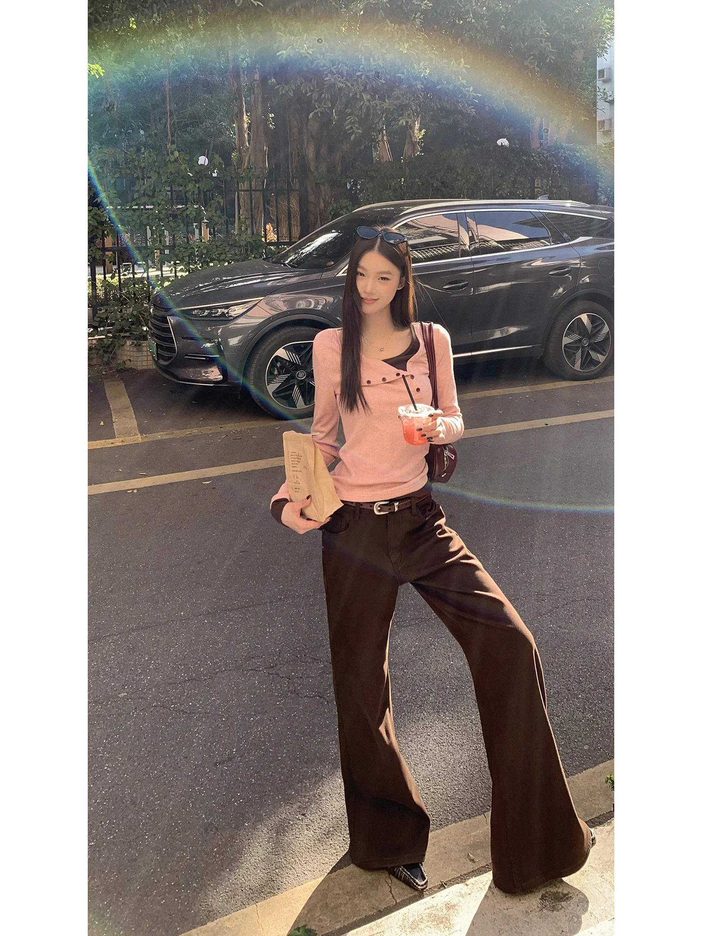 بنطلون جينز نسائي أحمر بأسلوب المشاهير، مبطن بالصوف، خصر منخفض، ساق مستقيمة، نمط كاجوال، موضة شتوية