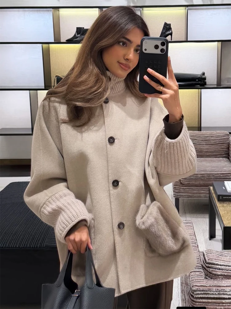 Women's Chunky Knit Sleeves Woolen Coats Faux Fur Pockets Buttoned Down Overcoats Autumn Winter Casual Warm Street Outerwears