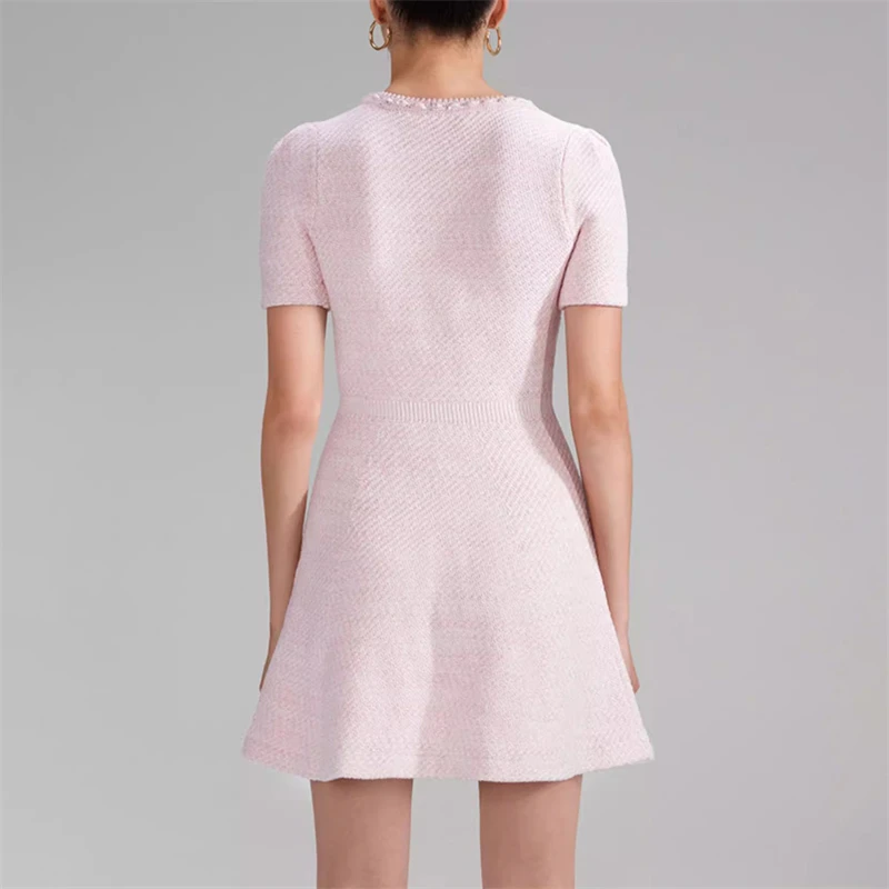 Summer new women's V-neck multi-pocket diamond button decorated short-sleeved knitted dress y2k fashion commuter slim mini skirt