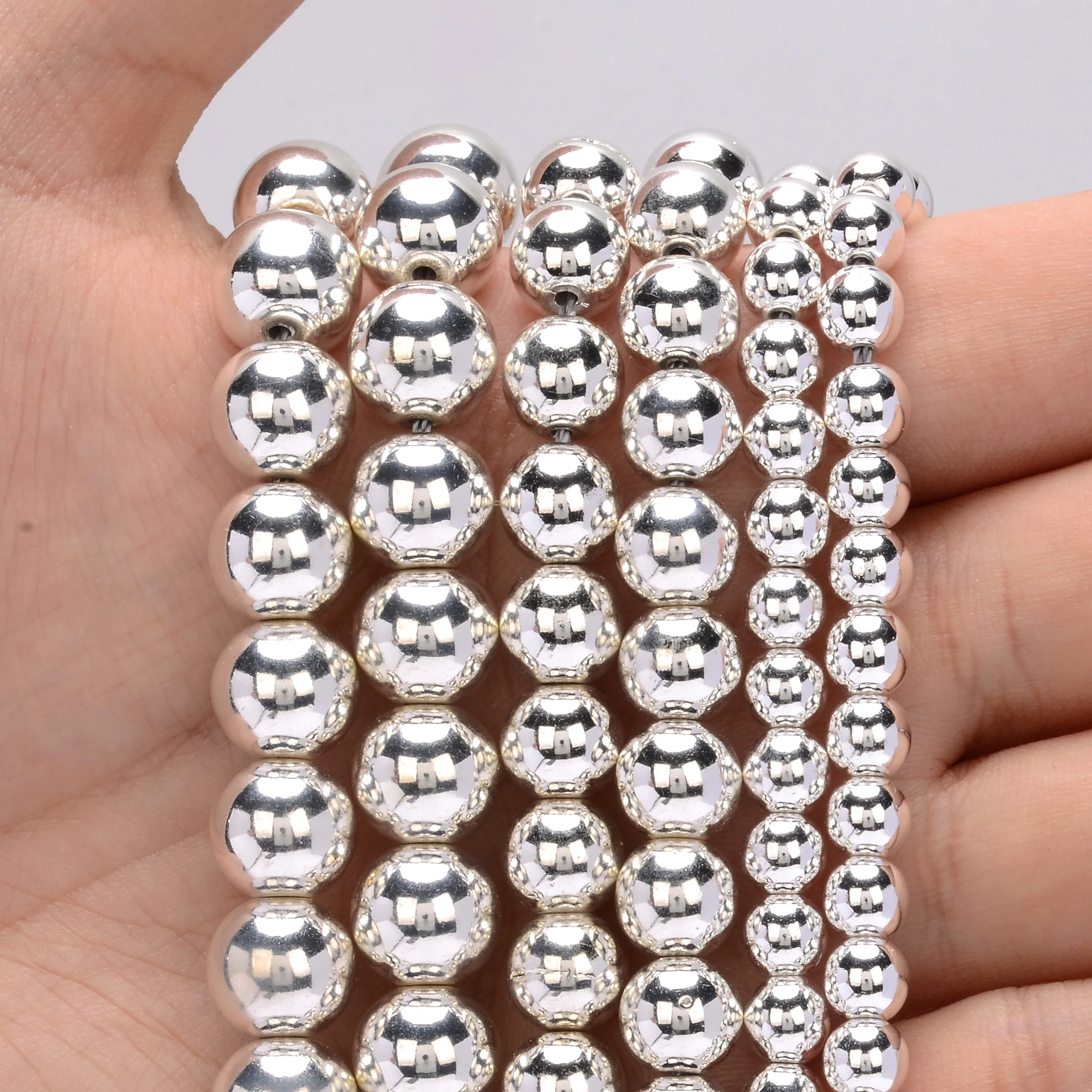 Cuentas de hematita chapadas en plata Natural AAA +, cuentas redondas de piedra geométrica para fabricación de joyería, collar de pulsera Diy de 2/3/4/6/8/10mm