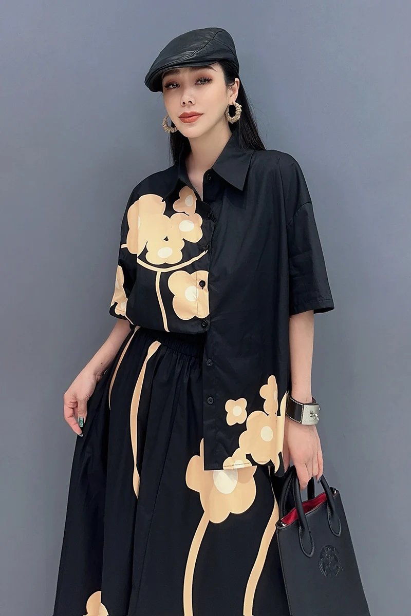 2024 Summer New Fashion Print Dress Set Women Short Sleeved Shirt + Large Hem Skirt Two Piece Set Loose Size LX120