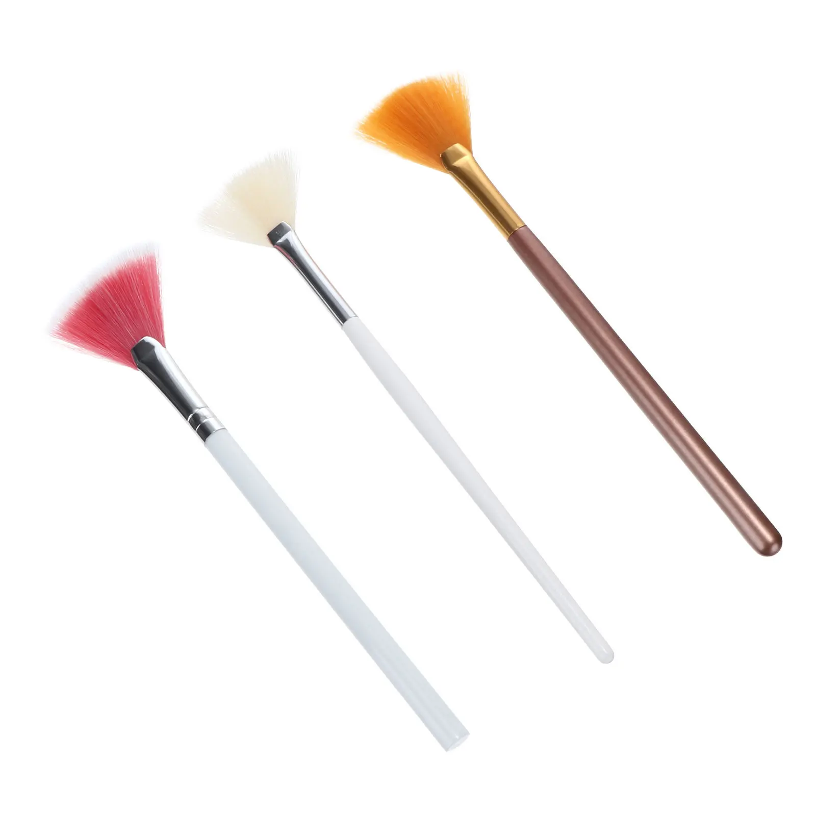 3 pennelli per trucco a forma di ventaglio, nylon premium, alluminio, legno, miscela, evidenziatore in polvere, fard, kit di strumenti per trucco