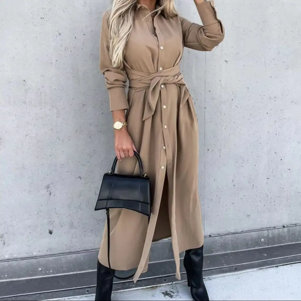 2025 여성용 코튼 버튼다운 맥시 티셔츠 드레스 캐주얼 긴팔 라펠 칼라 롱 드레스 레이스업 허리 여성용 로브