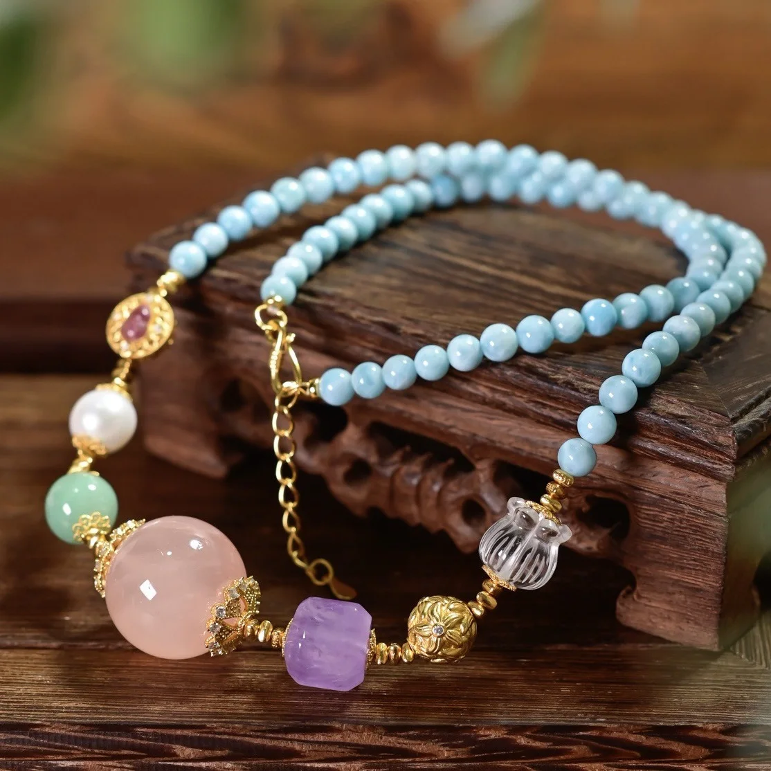 Natural Larimar Necklace, Pink Quartz Pendant Purple Jade Pearl Jadeite Clear Crystal 925 Silver, Multi-Gemstone Chinese Jewelry