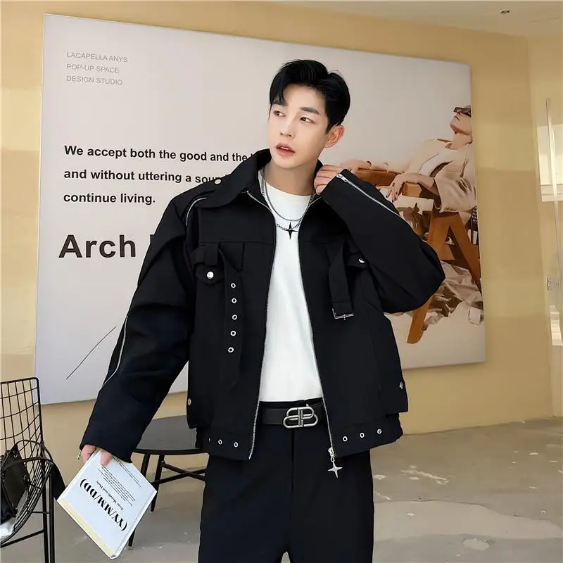 

k Autumn ort Men's Jaet Zipper Deconstruction Design Trendy Outerwear Polyester Youthful Long Sve Square Collar