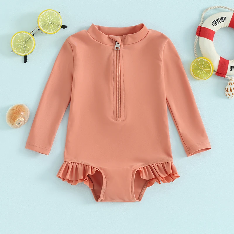 Infant Girls  Swimsuit with Long Sleeve Rash Guard and Ruffles Zipper Closure Solid Color Bathing Suit Beachwear