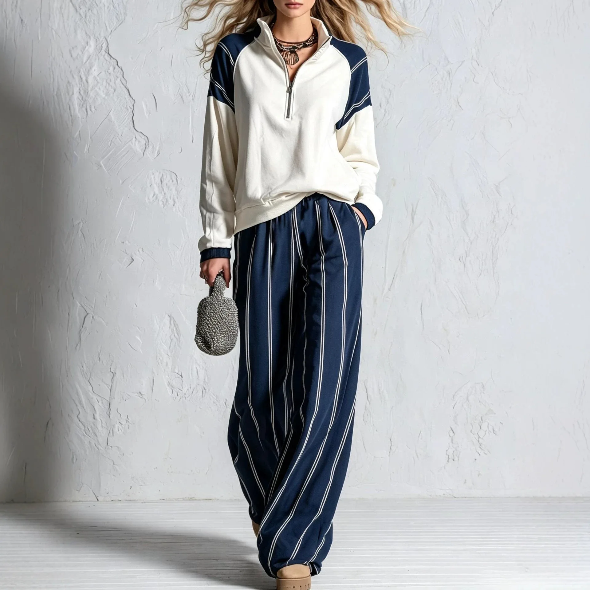 Women Color Block Sweatshirt Two Piece Outfit Half Zip Pullover Striped Wide Leg Pants Casual Sporty Matching Suit Multiple Colo