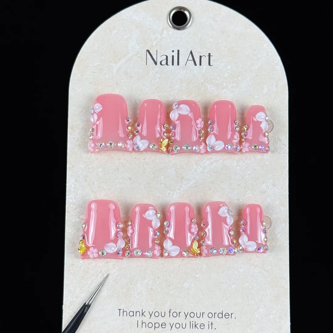 10pcs high-end Pink girl style, hand-painted three-dimensional engraved design, glittering small diamonds handmade fake nails