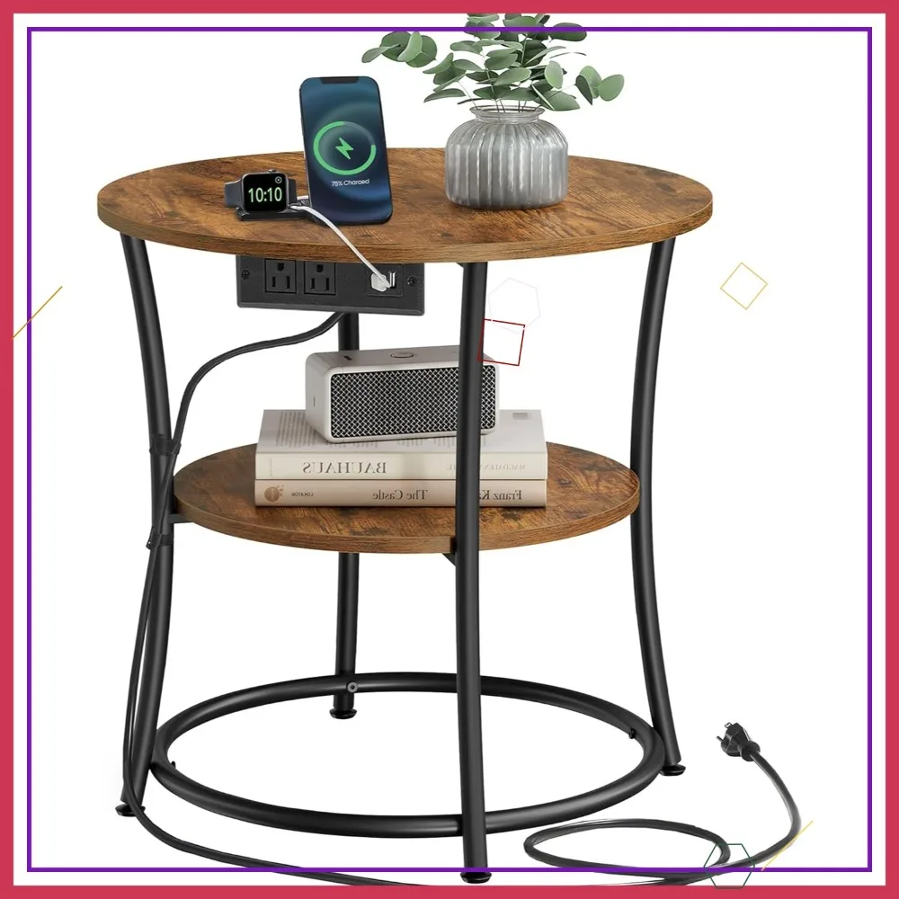 

2-Tier Round End Table with Power Outlets, Steel Frame Nightstand for Small Spaces, Living Room & Bedroom