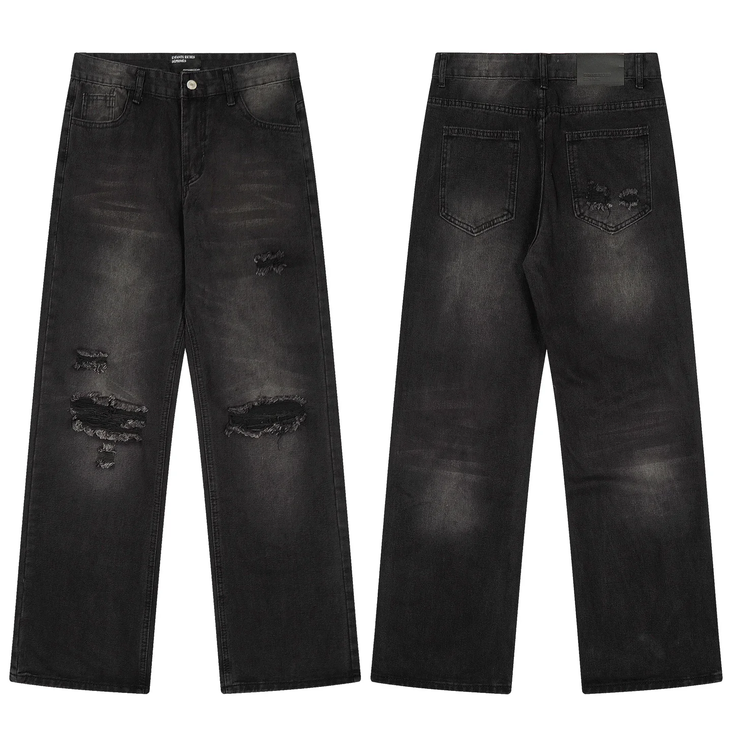 American Retro Faded Crack Washed Black Distressed Ripped Jeans Unisex Loose Straight Leg Casual Denim Street Pants