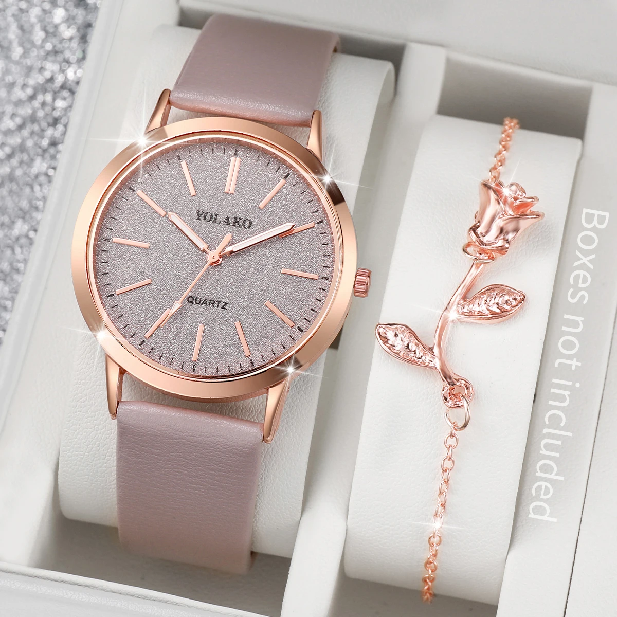 2PCS/Set Women's Watch Shiny Fashion PU Leather Analog Quartz Watches Rose Flower Bracelet