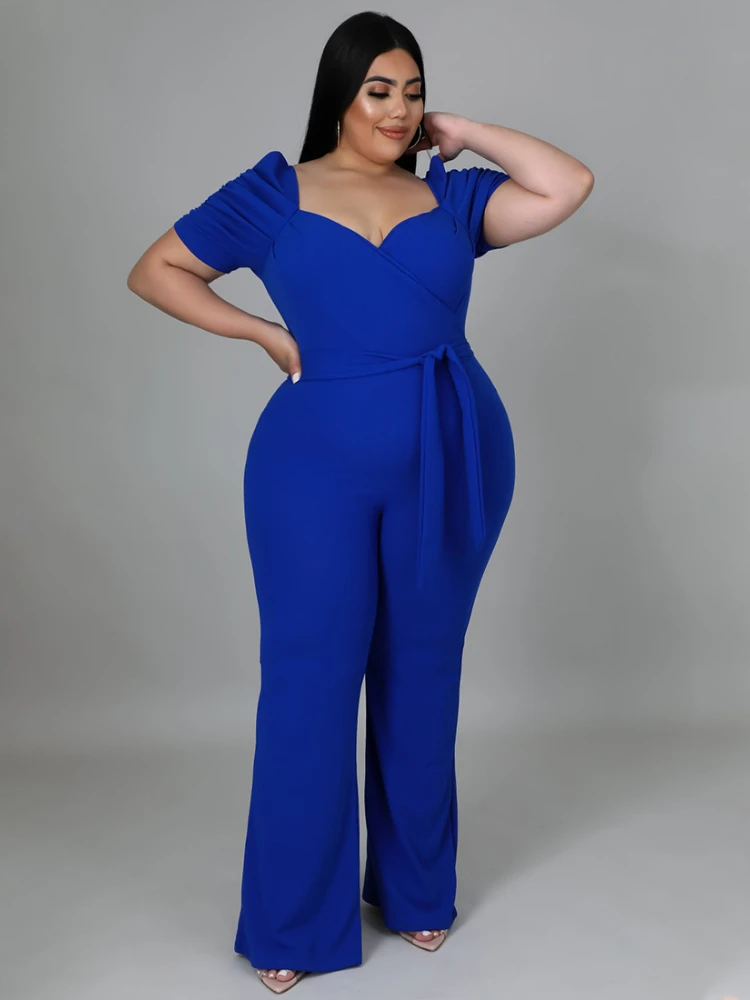 Kombinezony Plus Size z krótkim rękawem Sexy V wysoki dekolt talia Bodycon długi, szeroki nogi spodnie z paskiem na co dzień wieczór kostiumy