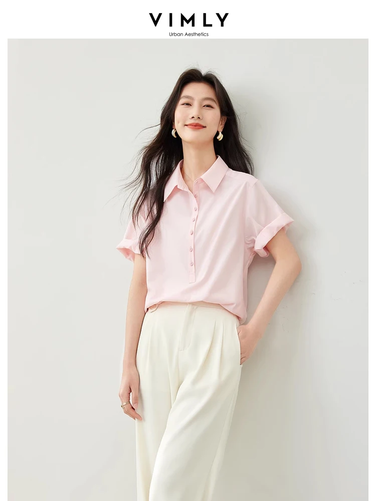 

Vimly French Style Pink Short Sleeve Polo Collar Blouse Women 2024 Summer Lapel Straight Casual Button Up Women's Shirt M6920