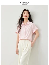 Vimly French Style Pink Short Sleeve Polo Collar Blouse Women 2024 Summer Lapel Straight Casual Button Up Women's Shirt M6920