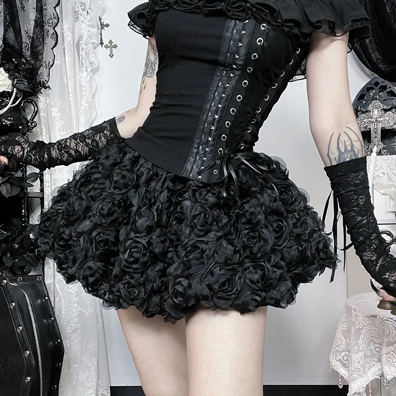 IMU Cute Sweet Lolita Skirt Women Dark Gothic Vintage Streetwear Y2k E-girl Aesthetic Rose Patchwork High Waist Cake Skirts