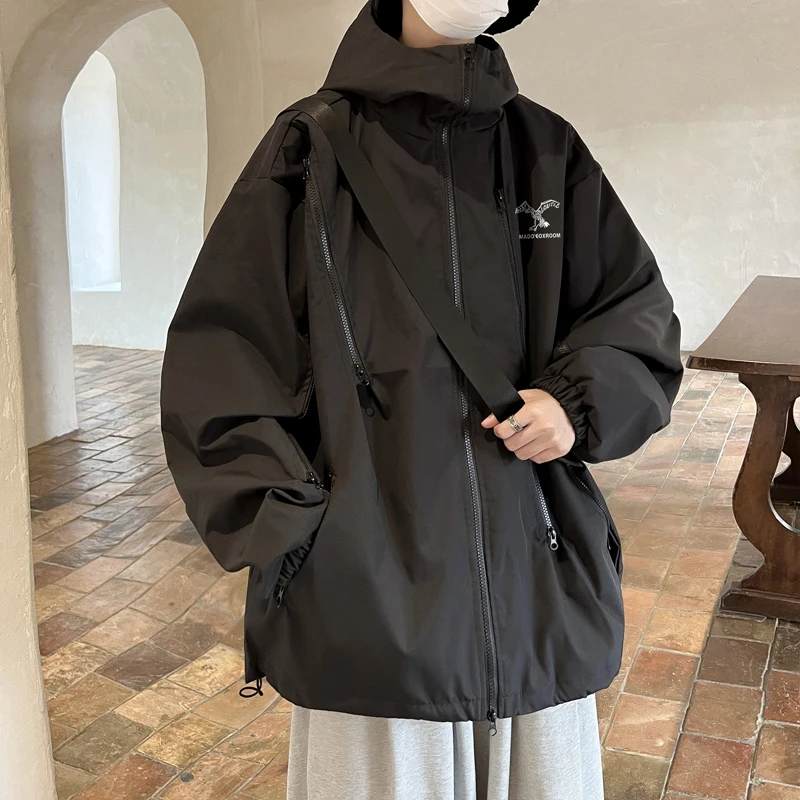 

American Functional Soft ell Jaet Men's Spring Autumn Outdoor Waterproof Hooded Jaet Loose Multi-Zipper Design Coat