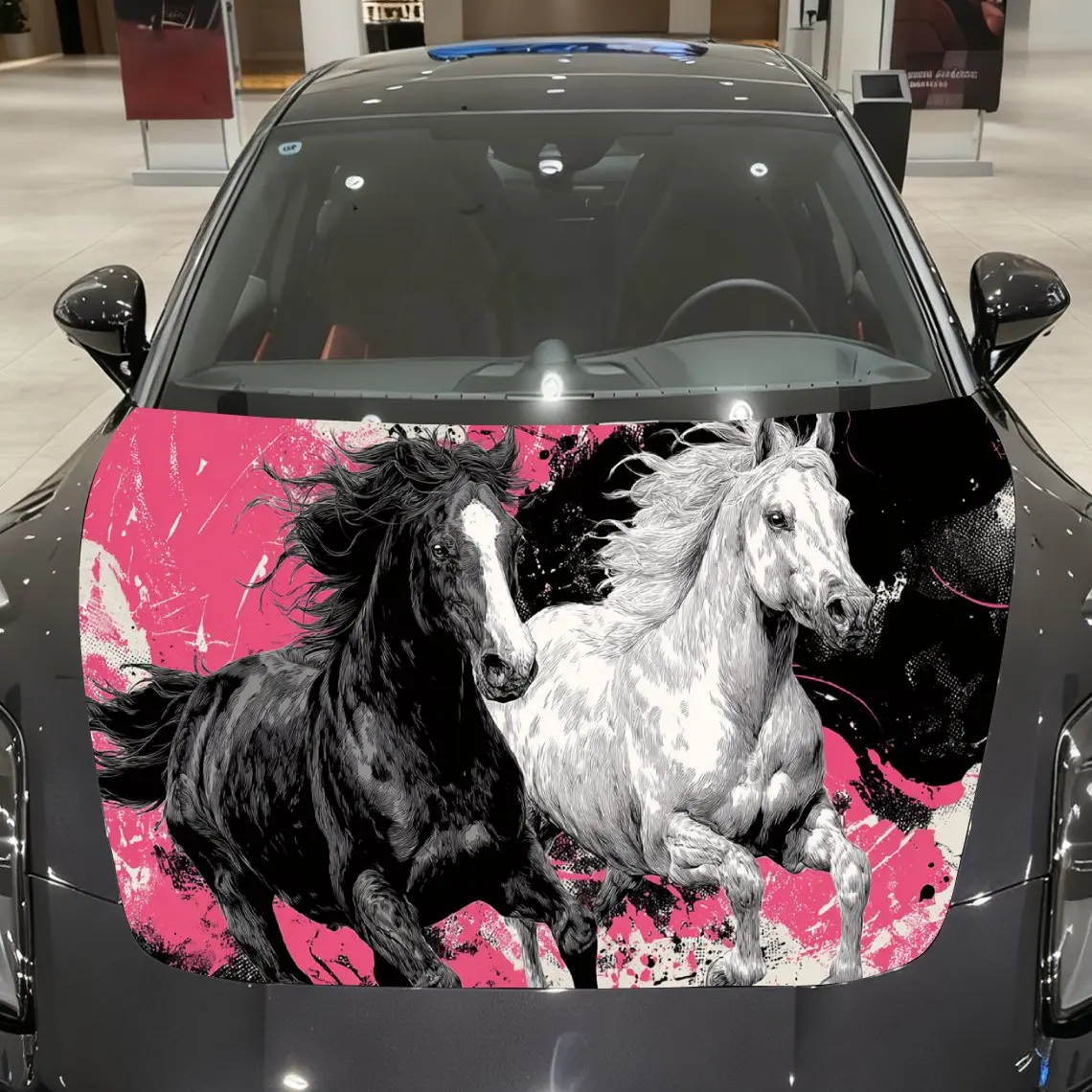 

Black & Pink Twin Horses Chase Wind Car Vinyl Wrap, PVC Material Waterproof Car Hood Sticker, Self-Adhesive Scratch-Resistant St