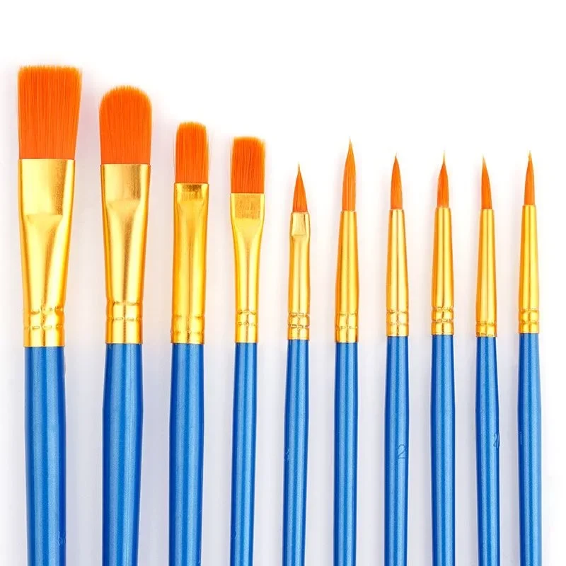 10Pcs/Set Multi-functional Watercolor Brush Pearlescent Plastic Rod Nylon Hair Hook Line Gouache Oil Brush School Art Supplies